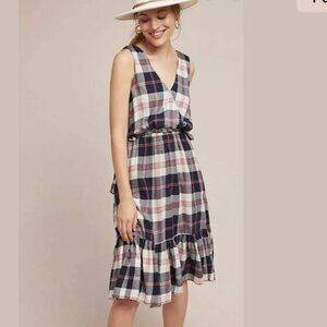 Anthropologie Isabella Sinclair Dickens Pink Blue White Plaid Dress Size Medium